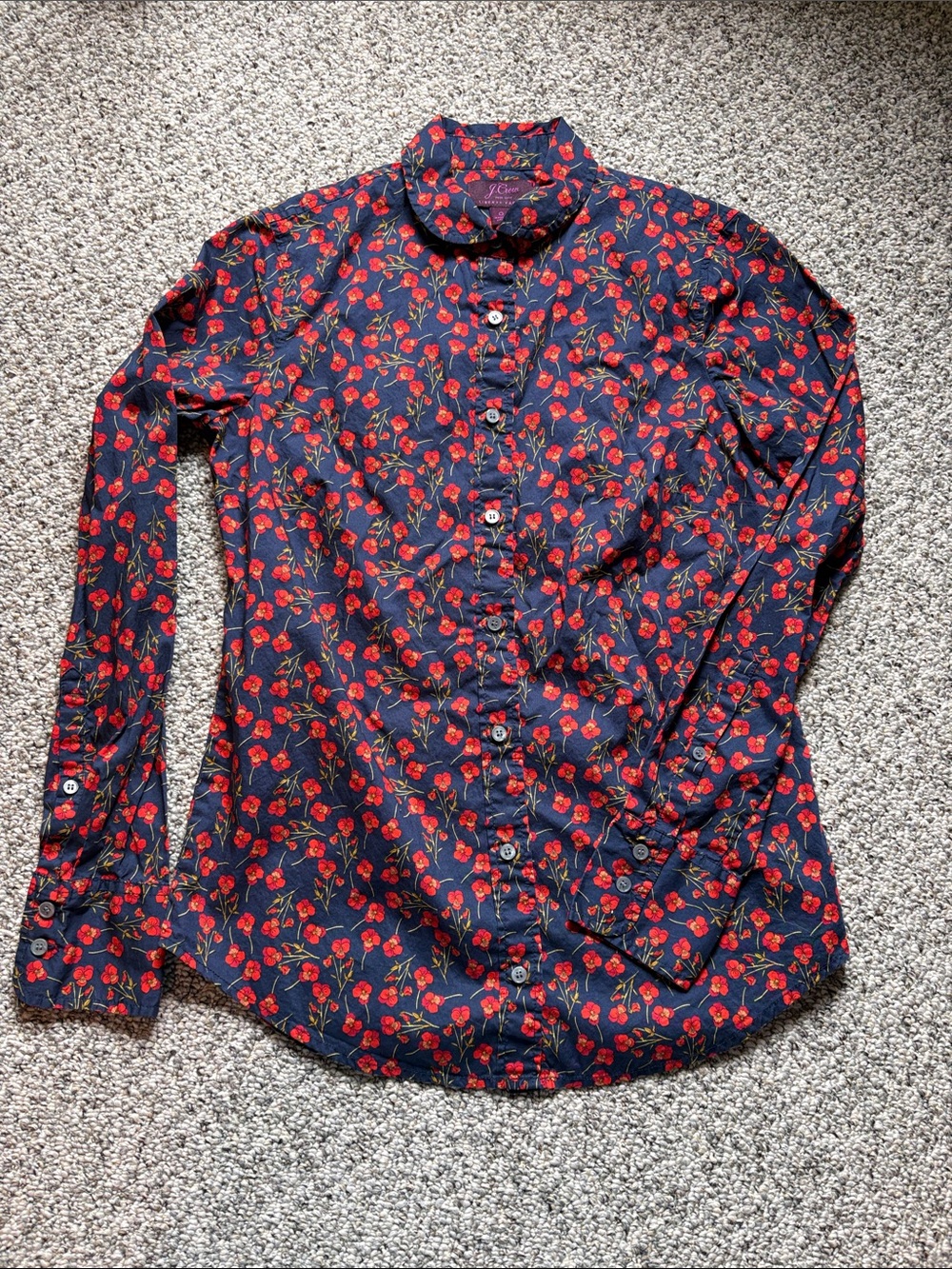 J. Crew Liberty Fabric Navy Button-Up Shirt with Red Floral Print